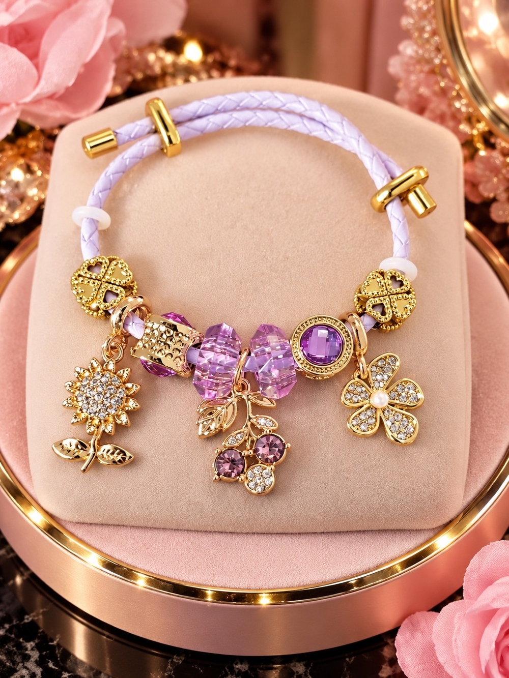 Gold & Lavender Crystal Charm Bracelet - Women Jewelry